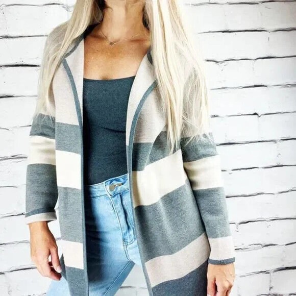 Talbots 100% Merino Wool Duster Cardigan Open Front Color Block Gray SZ M - Picture 2 of 11